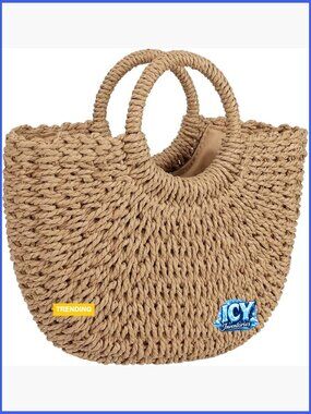 Handwoven Straw Beach Tote Bag with Drawstring Closure
